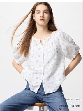 Uniqlo White Floral Peasant Top with Light Blue Print L
